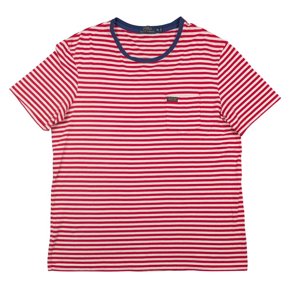 Polo Ralph Lauren T-Shirt Mens XL Red White Striped‎ Pocket Short Sleeve Cotton